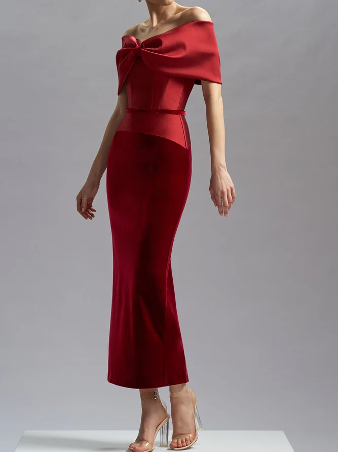 Wine Red Off The Shoulder Velvet Sheath Maxi Dress