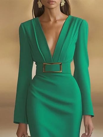 Green Deep V Neck Long Sleeve Sheath Maxi Dress