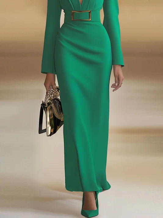 Green Deep V Neck Long Sleeve Sheath Maxi Dress