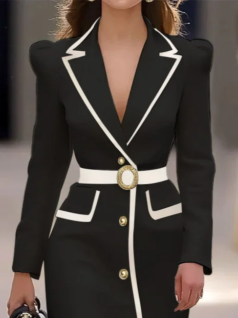 Off White Piping Lapel Collar Long Sleeve Sheath Midi Blazer Dress