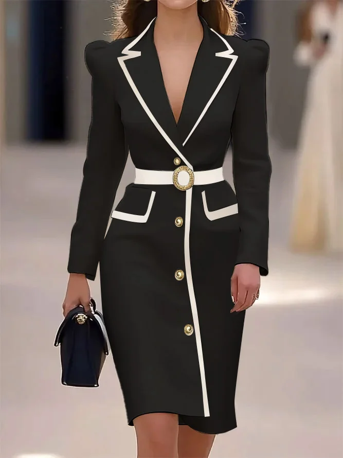 Off White Piping Lapel Collar Long Sleeve Sheath Midi Blazer Dress