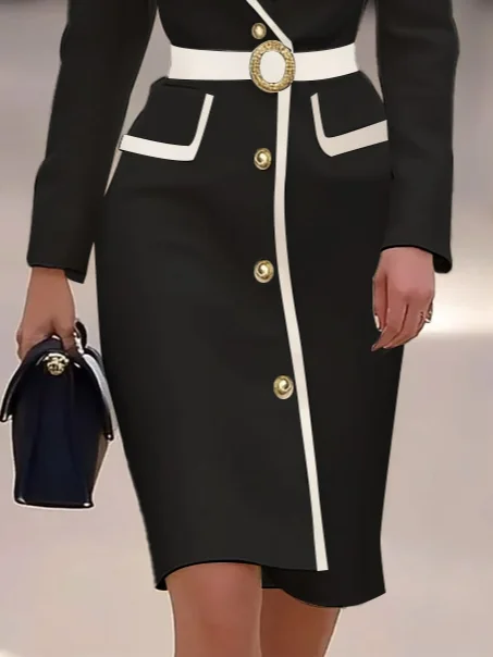 Off White Piping Lapel Collar Long Sleeve Sheath Midi Blazer Dress
