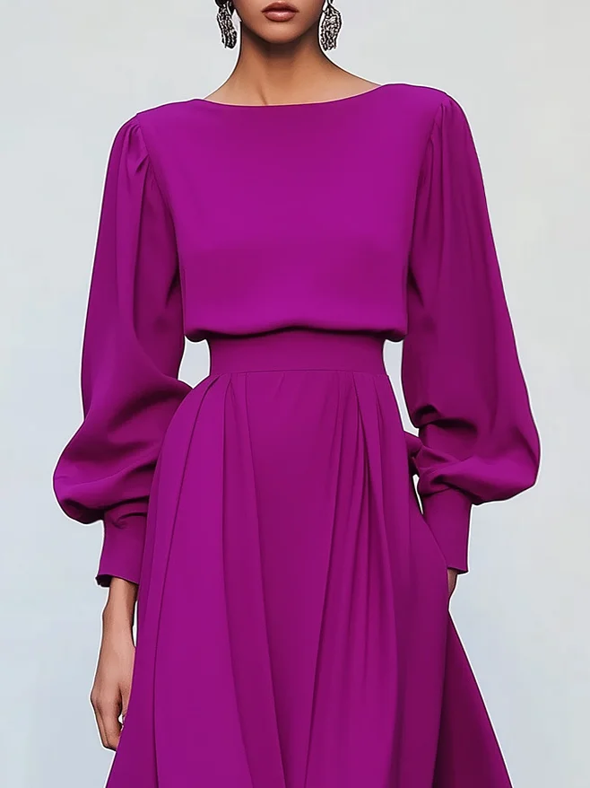 Rose Red Asymmetric Boat Neck Long Balloon Sleeve A-Line Midi Dress