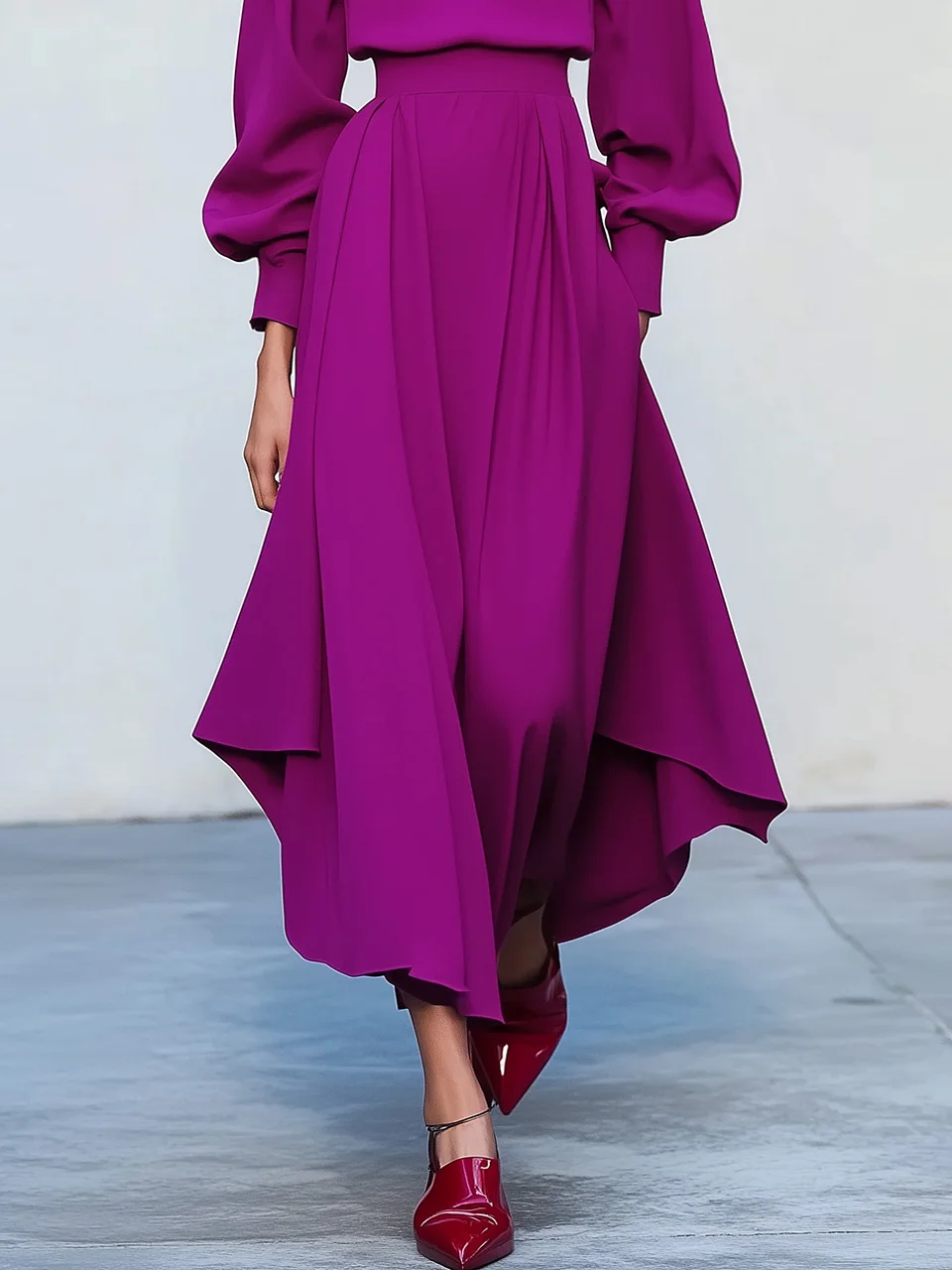 Rose Red Asymmetric Boat Neck Long Balloon Sleeve A-Line Midi Dress