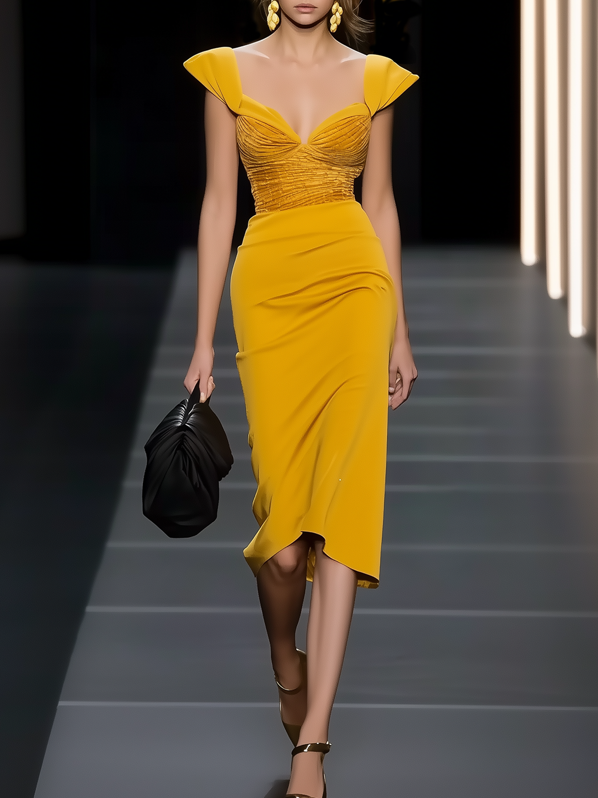 Yellow Ruched Sweetheart Neckline Cap Sleeve Sheath Midi Dress