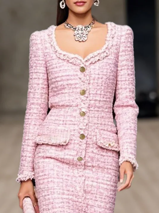 Pink Square Neck Long Sleeve Sheath Midi Tweed Blazer Dress