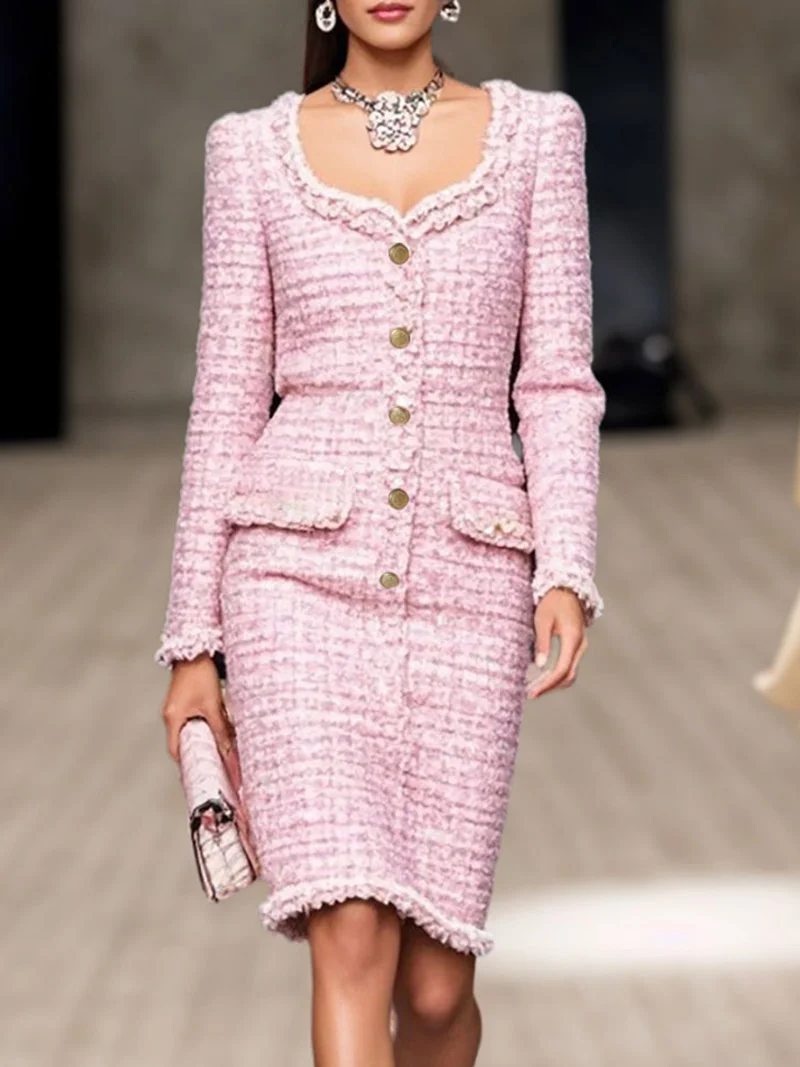 Pink Square Neck Long Sleeve Sheath Midi Tweed Blazer Dress