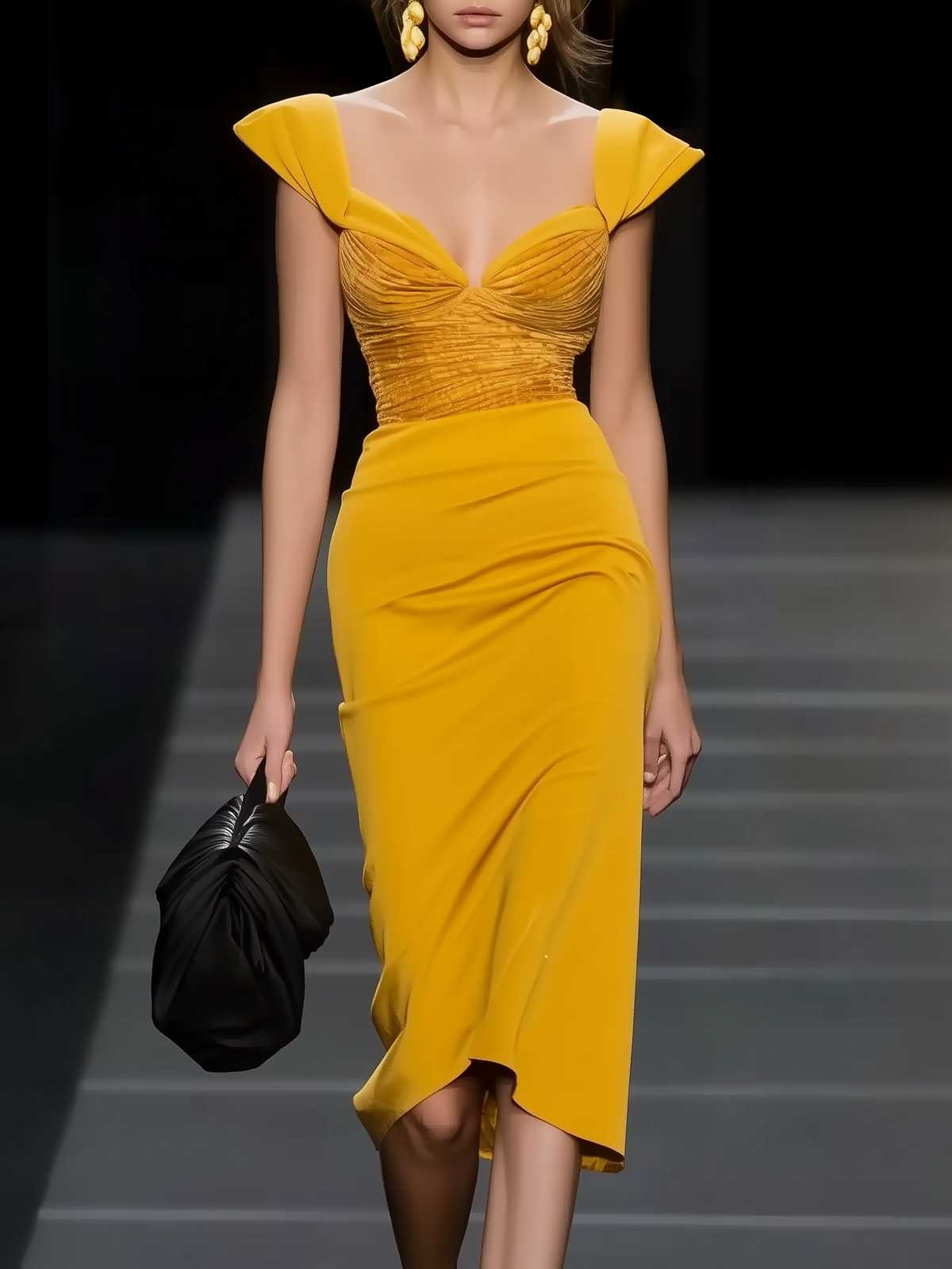 Yellow Ruched Sweetheart Neckline Cap Sleeve Sheath Midi Dress