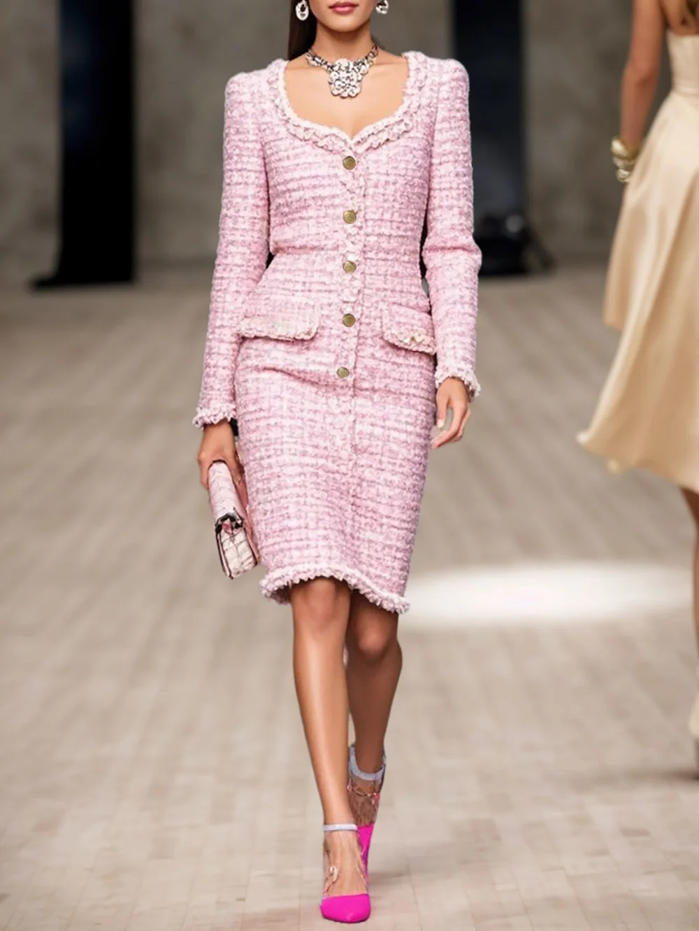 Pink Square Neck Long Sleeve Sheath Midi Tweed Blazer Dress