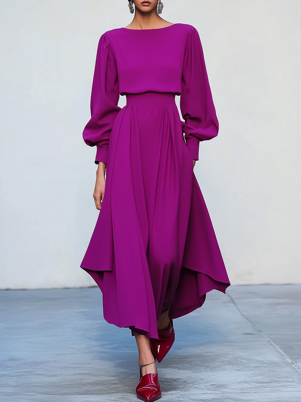 Rose Red Asymmetric Boat Neck Long Balloon Sleeve A-Line Midi Dress