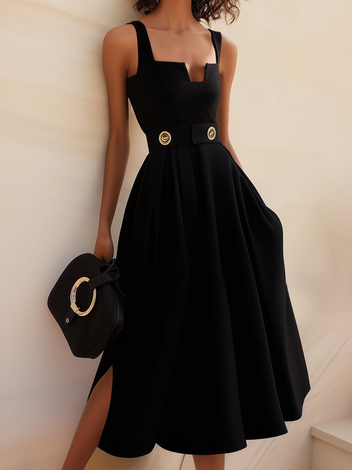 Black Buckle Notched Sleeveless A-Line Midi Dress