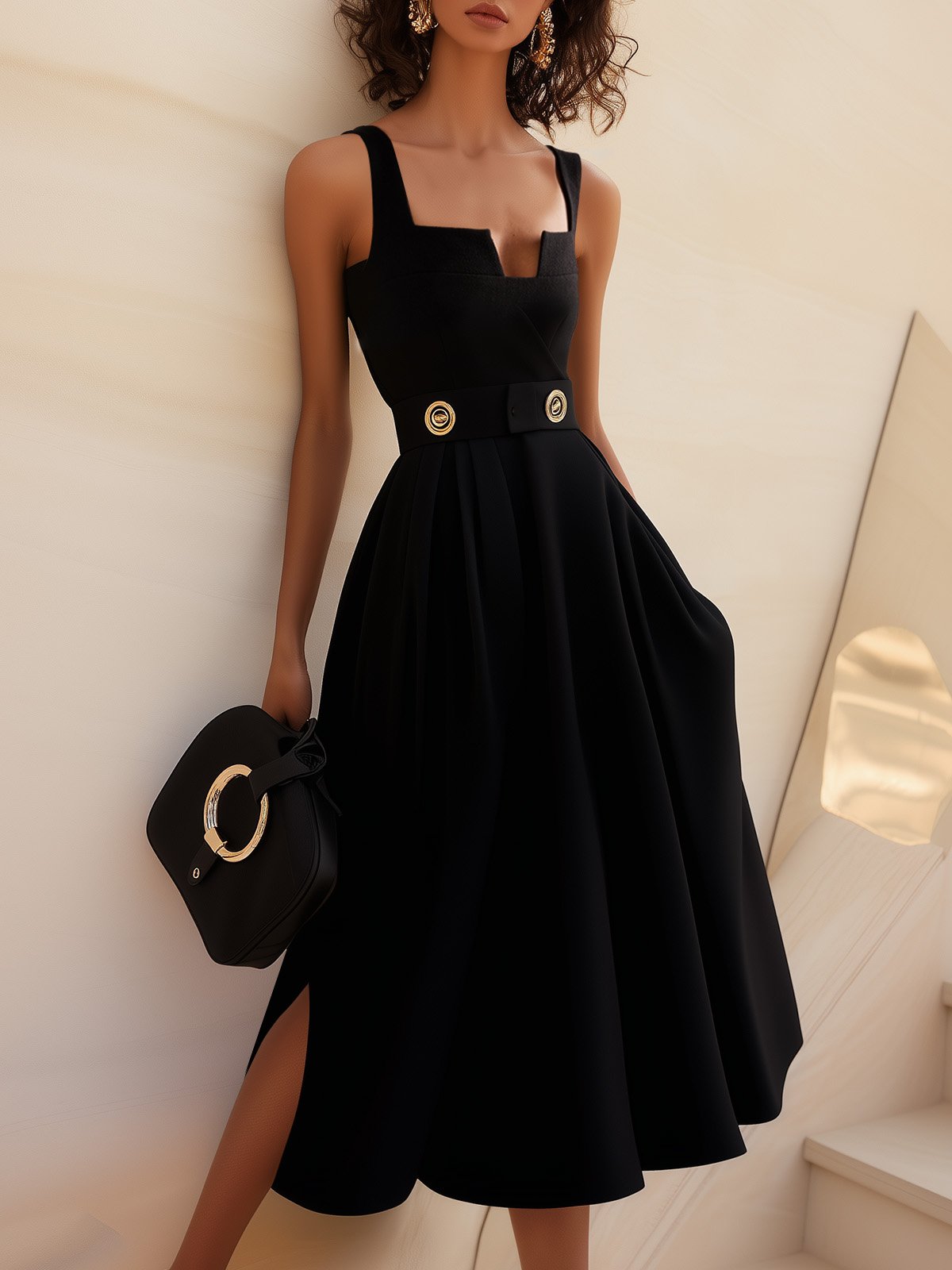 Black Buckle Notched Sleeveless A-Line Midi Dress