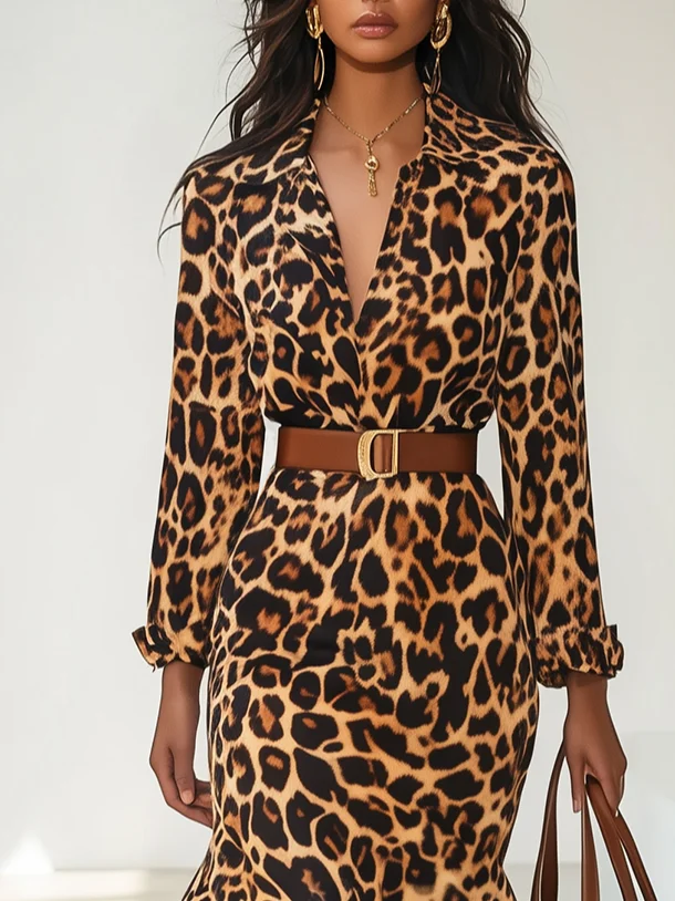 Leopard Mermaid Skirt Shirt Collar Long Sleeve A-Line Maxi Dress