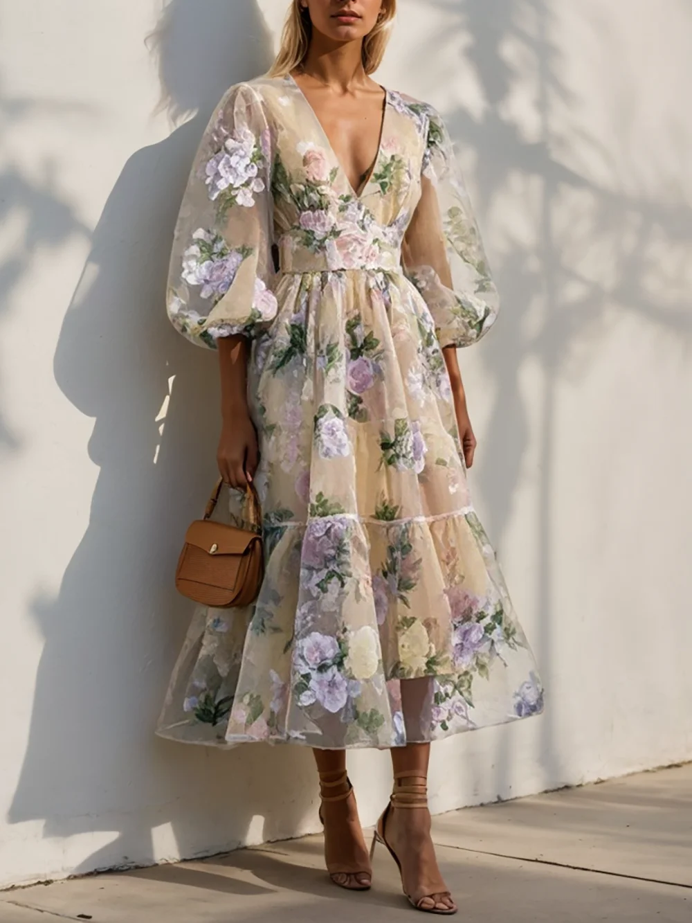 Beige Floral Organza V Neck Balloon Sleeve A-Line Midi Dress