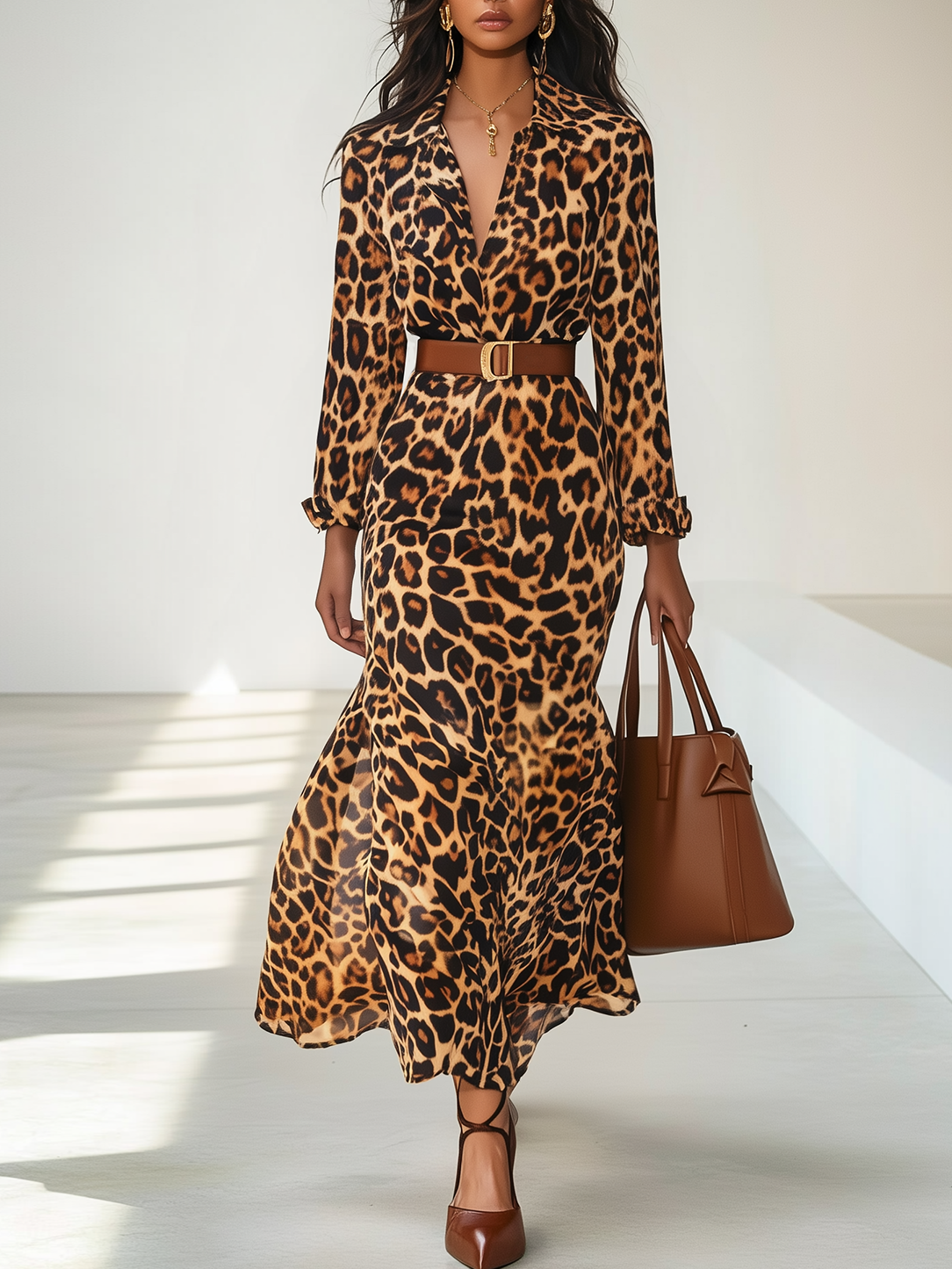 Leopard Mermaid Skirt Shirt Collar Long Sleeve A-Line Maxi Dress