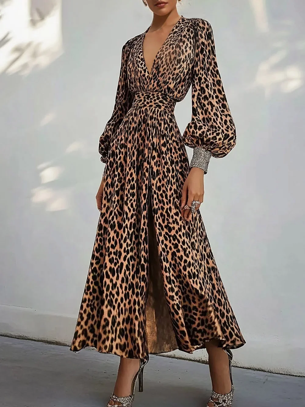 Brown Leopard Glitter V Neck Balloon Sleeve A-Line Maxi Dress