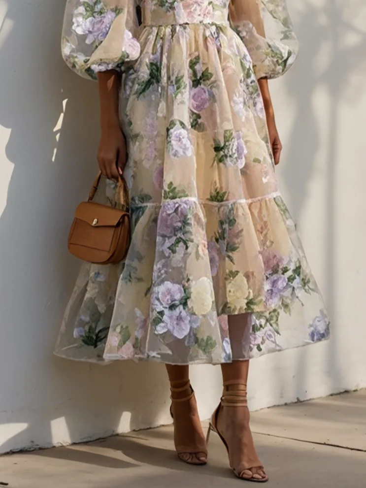 Beige Floral Organza V Neck Balloon Sleeve A-Line Midi Dress