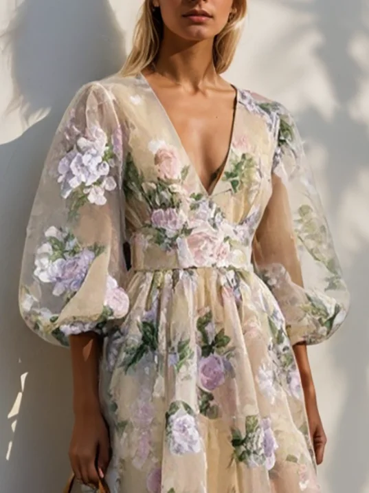 Beige Floral Organza V Neck Balloon Sleeve A-Line Midi Dress