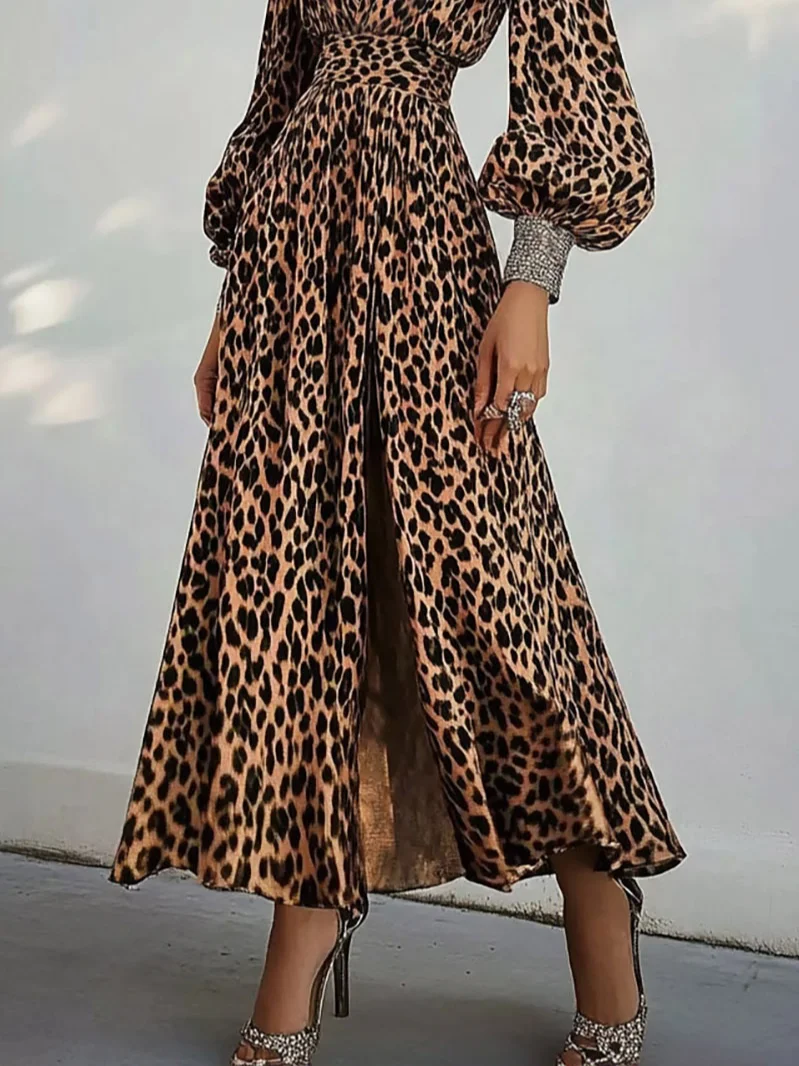 Brown Leopard Glitter V Neck Balloon Sleeve A-Line Maxi Dress