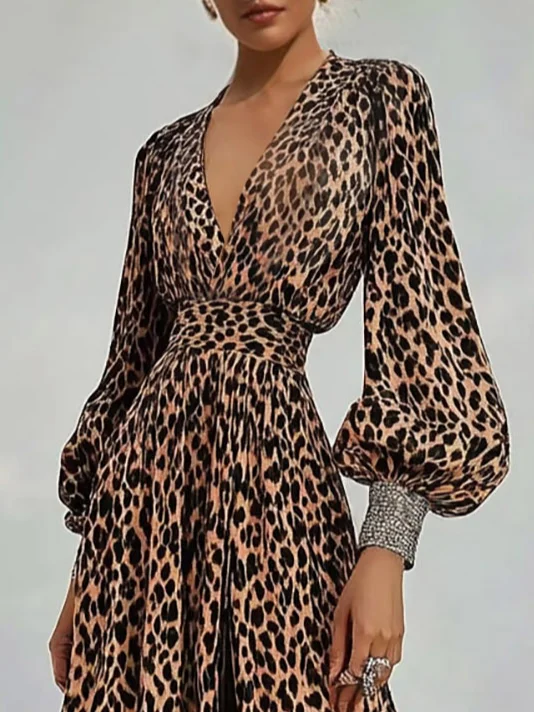 Brown Leopard Glitter V Neck Balloon Sleeve A-Line Maxi Dress