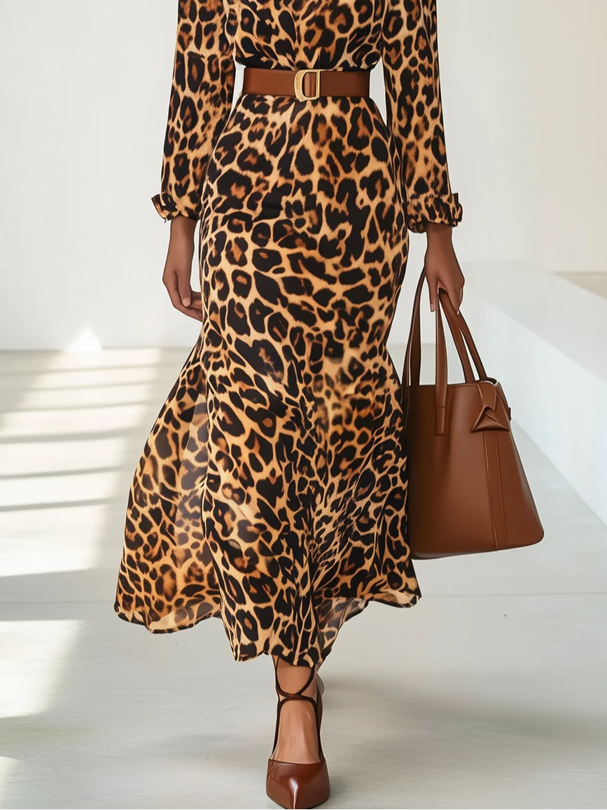 Leopard Mermaid Skirt Shirt Collar Long Sleeve A-Line Maxi Dress