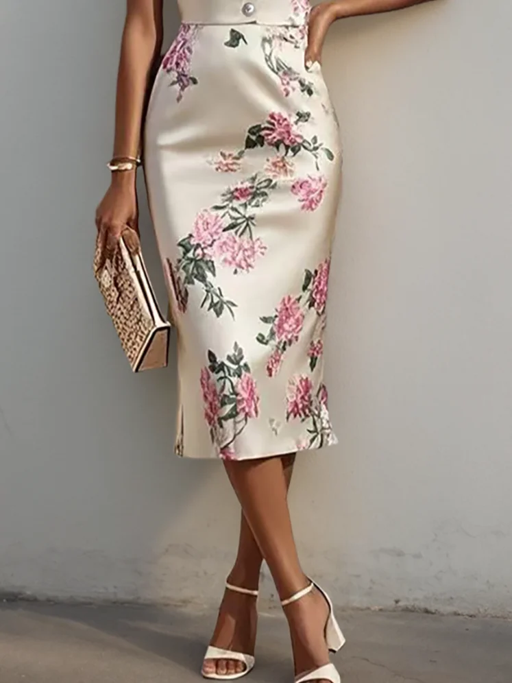 Off White Floral Buckle Square Neck Sleeveless Sheath Midi Dress