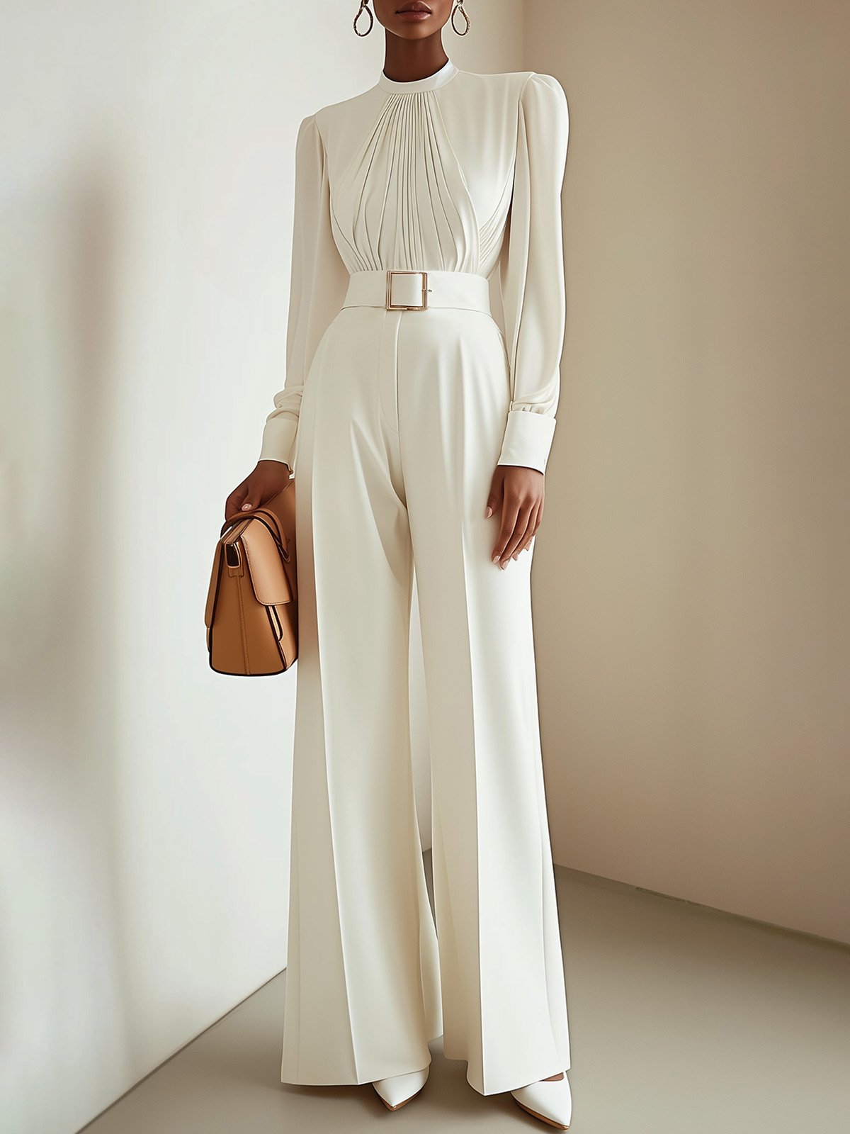 Women White Long Sleeve Ruched Jumpsuit