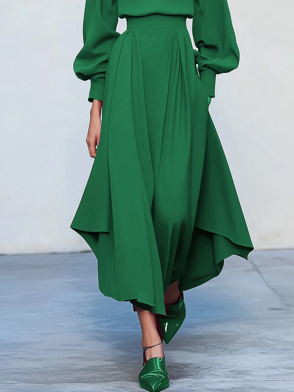 Pink Asymmetric Boat Neck Long Balloon Sleeve A-Line Midi Dress