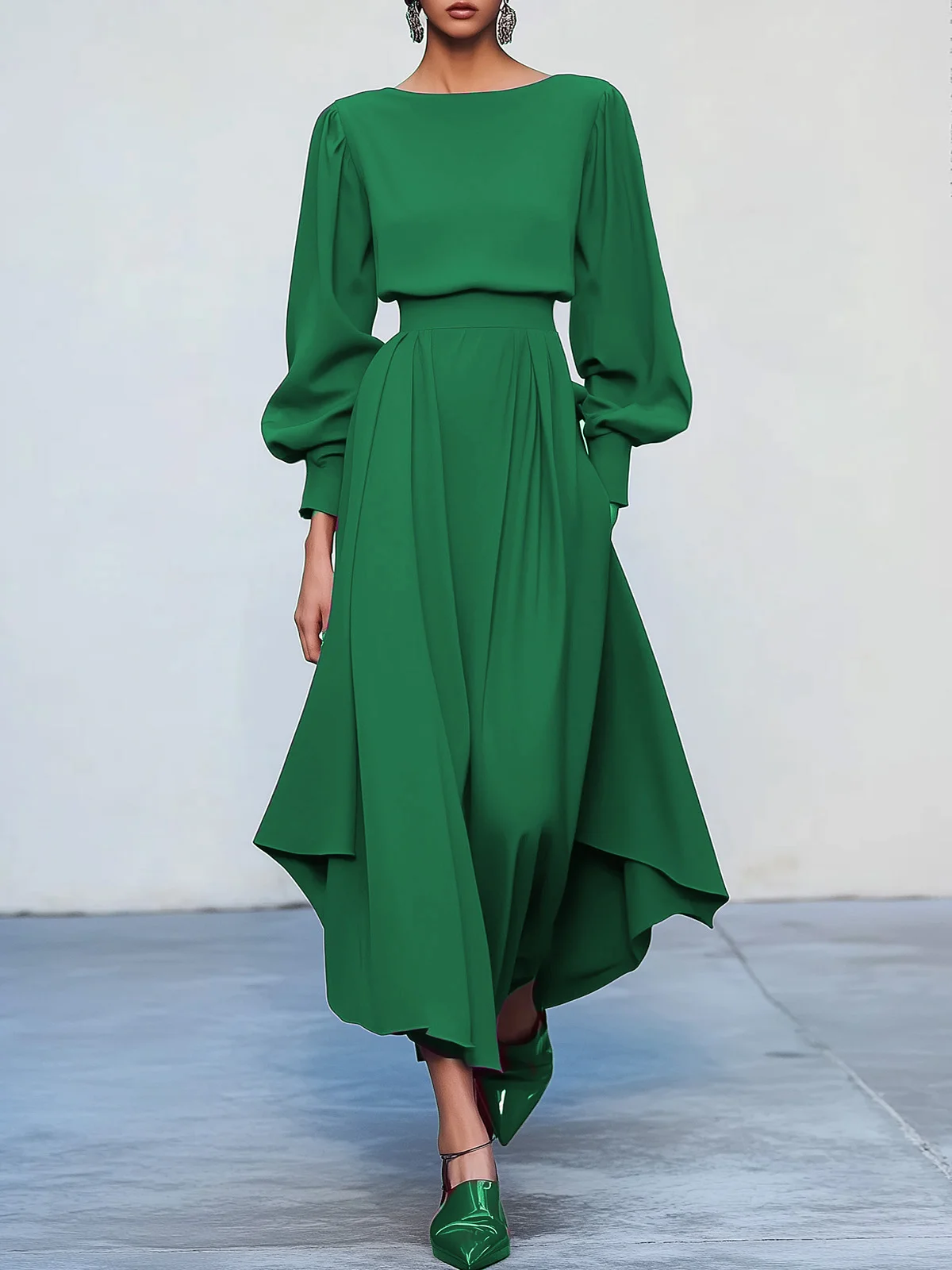Pink Asymmetric Boat Neck Long Balloon Sleeve A-Line Midi Dress