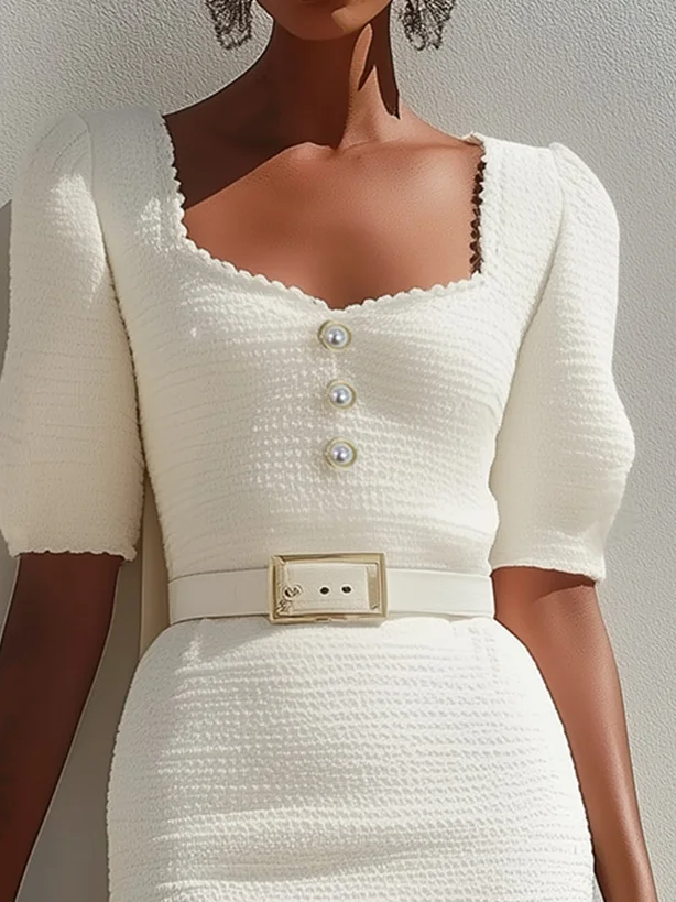 White Buckle Tweed Sweetheart Neckline Long Sleeve Sheath Midi Dress