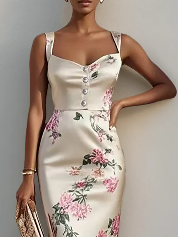 Off White Floral Buckle Square Neck Sleeveless Sheath Midi Dress