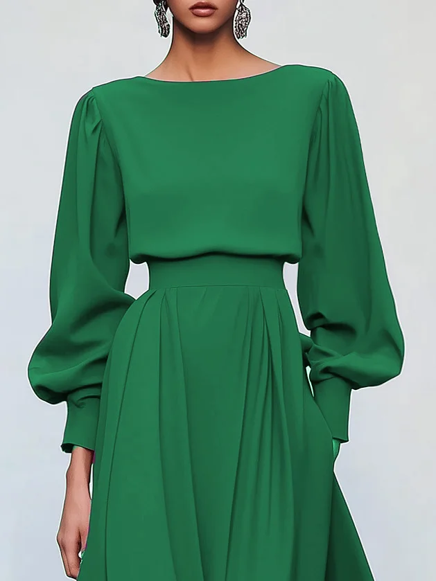 Pink Asymmetric Boat Neck Long Balloon Sleeve A-Line Midi Dress