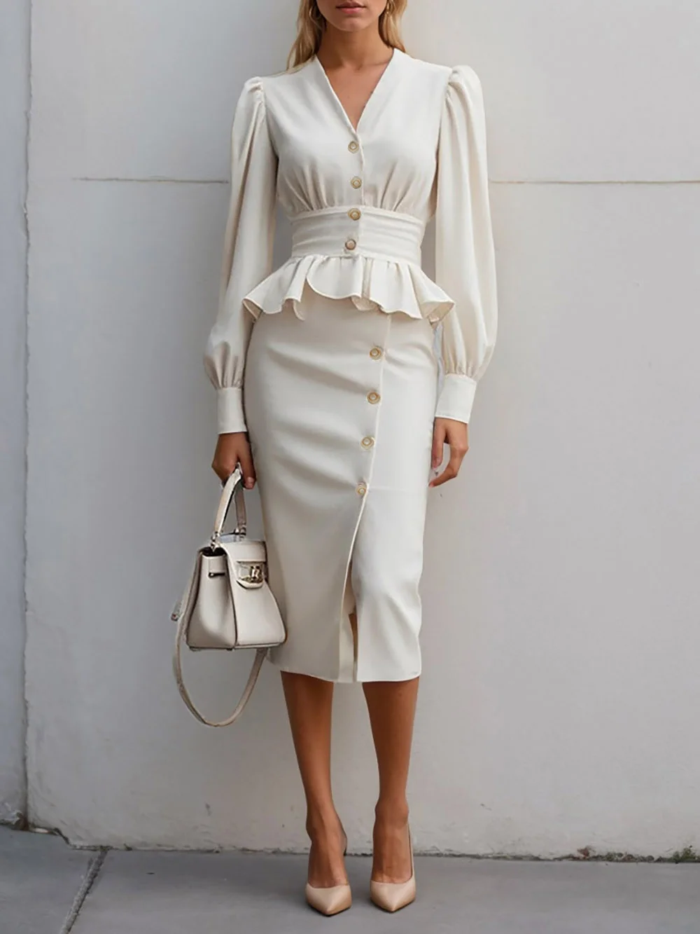 Off White Peplum V Neck Balloon Sleeve Sheath Midi Dress