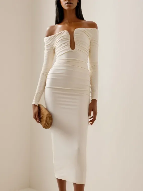 Off White Cold Shoulder Long Sleeve Sheath Midi Dress