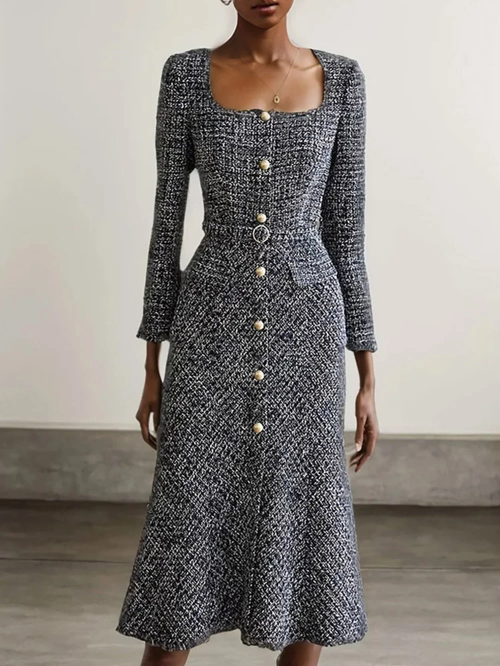 Black Buckle Tweed Blazer Square Neck Long Sleeve A-Line Midi Dress