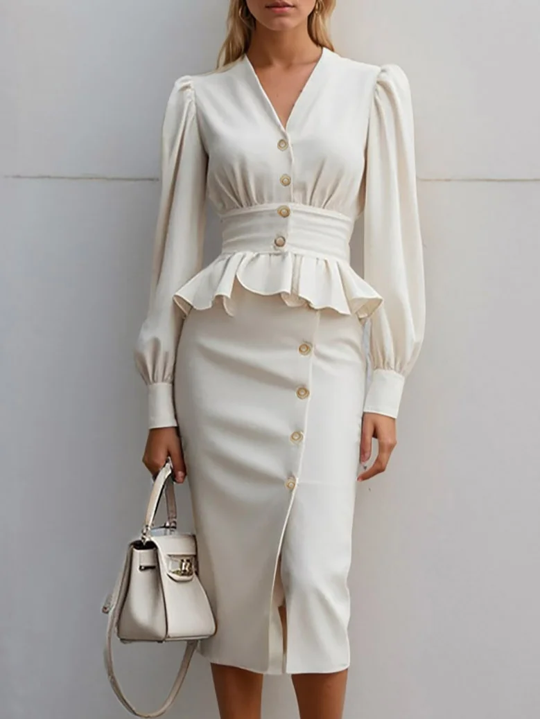 Off White Peplum V Neck Balloon Sleeve Sheath Midi Dress