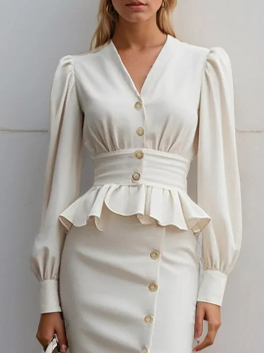 Off White Peplum V Neck Balloon Sleeve Sheath Midi Dress