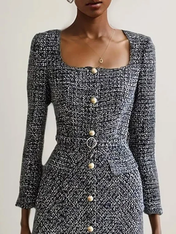 Black Buckle Tweed Blazer Square Neck Long Sleeve A-Line Midi Dress