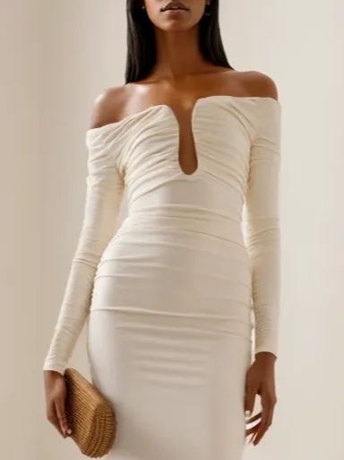 Off White Cold Shoulder Long Sleeve Sheath Midi Dress