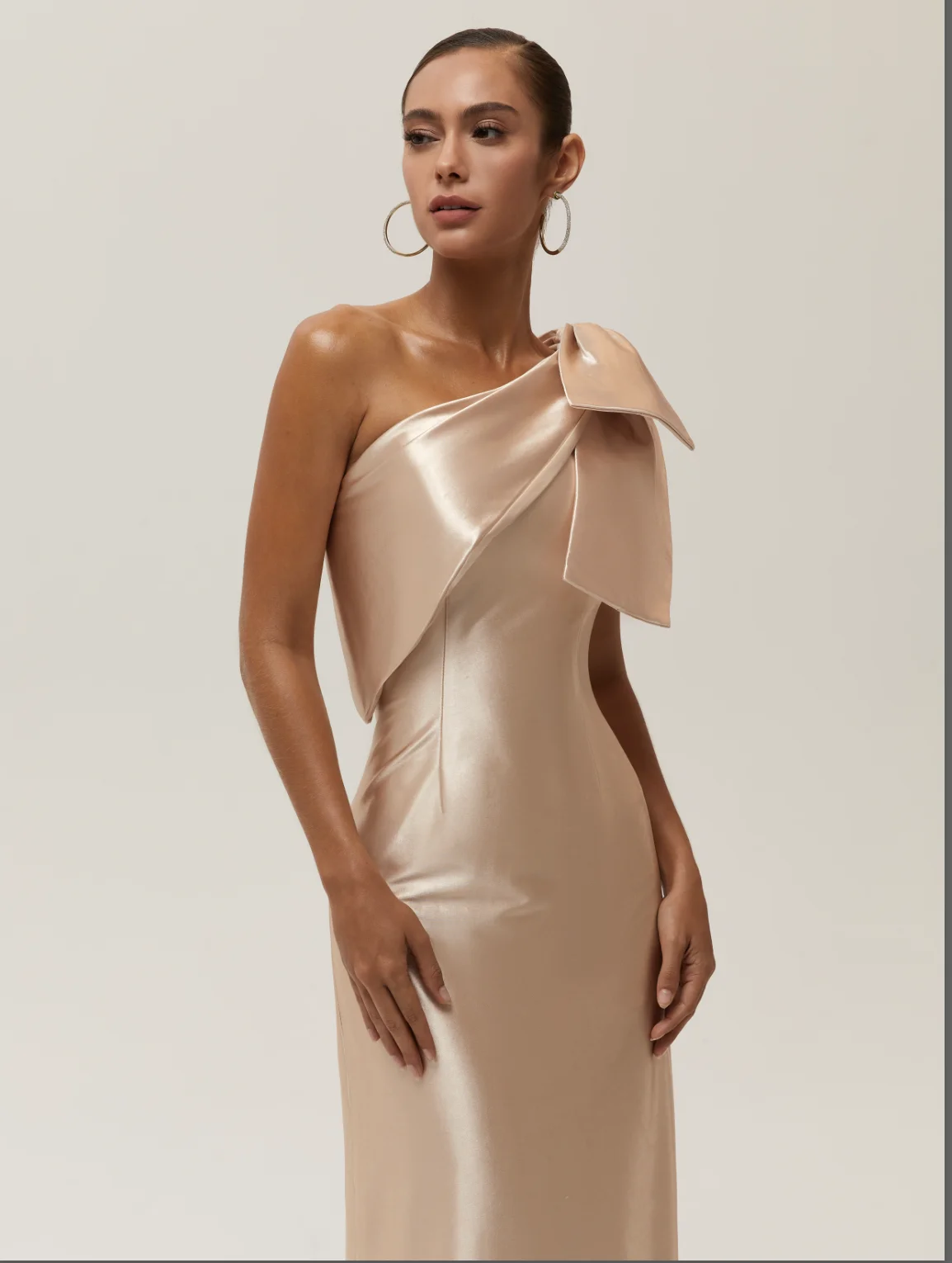 Champagne Bow Satin One Shoulder Sleeveless Sheath Maxi Dress