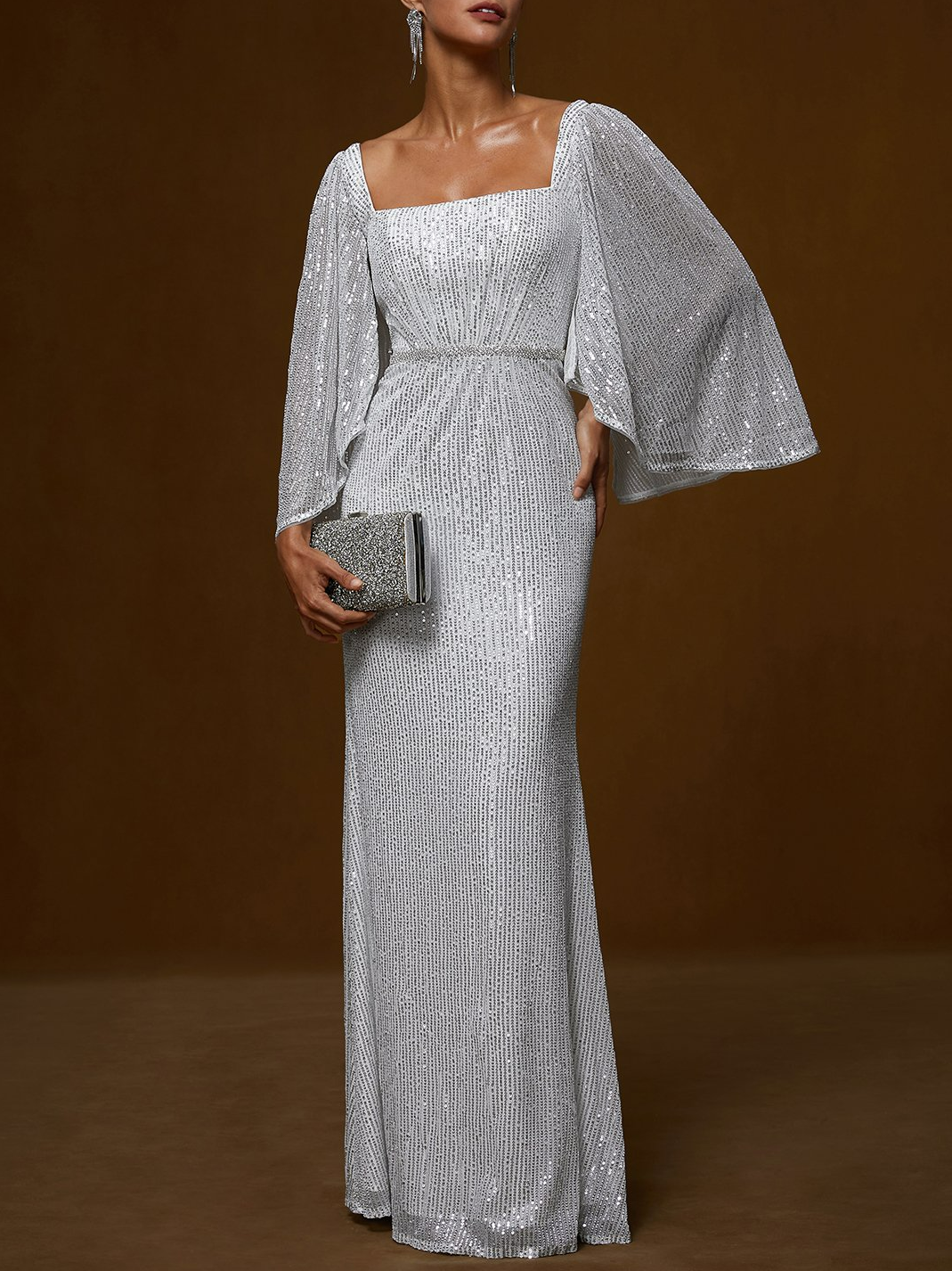 Silver Glitter Sequin Square Neck Three Quarter Sleeve Shift Gown