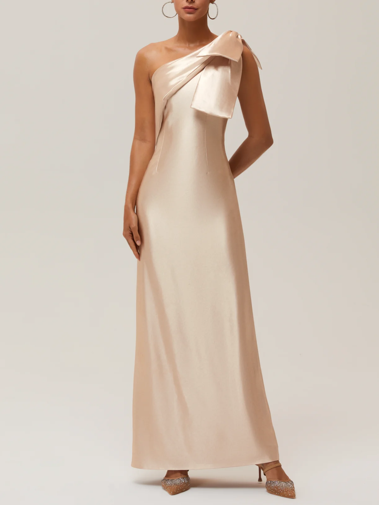 Champagne Bow Satin One Shoulder Sleeveless Sheath Maxi Dress