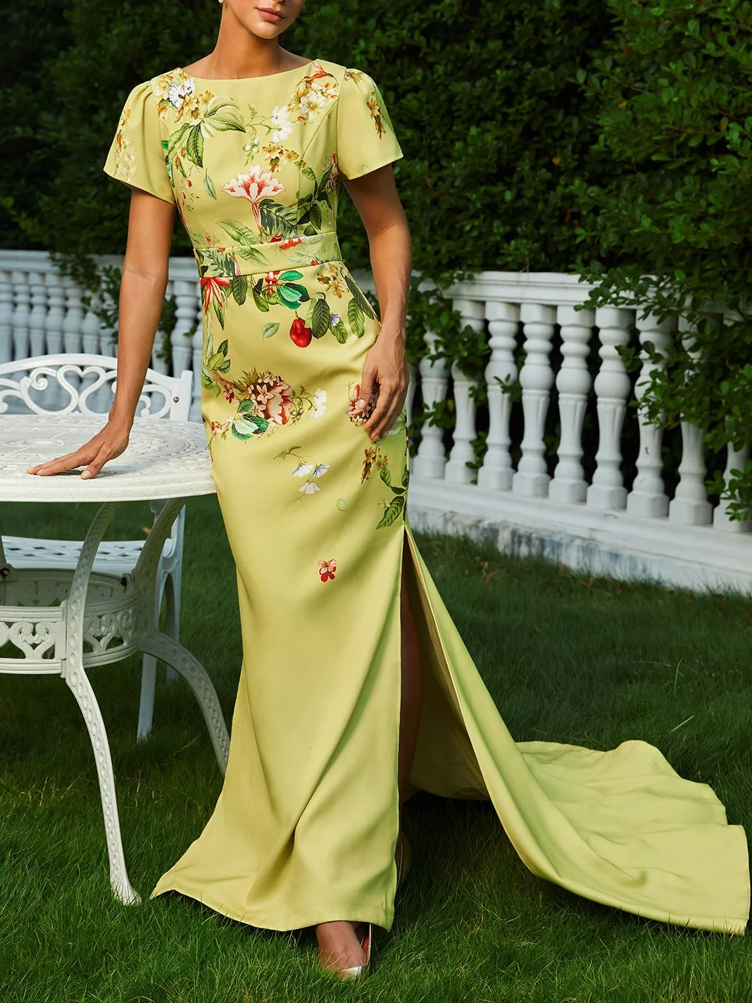 Yellow Floral Short Sleeve A-Line Gown