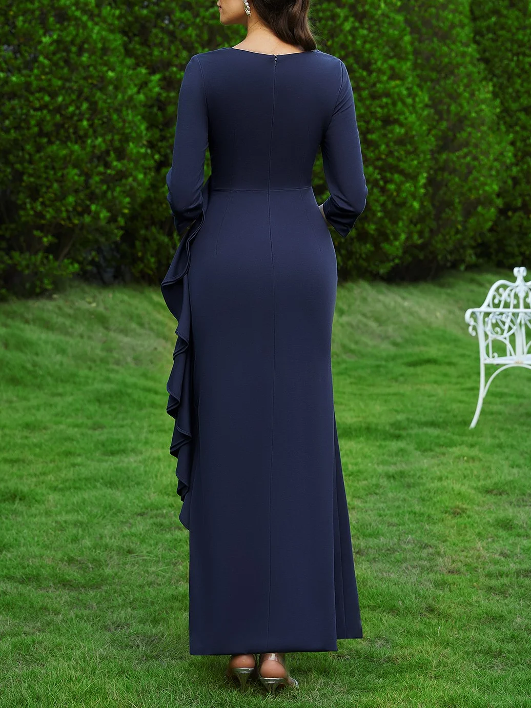 Dark Blue Ruched V Neck Long Sleeve A-Line Floor Length Dress