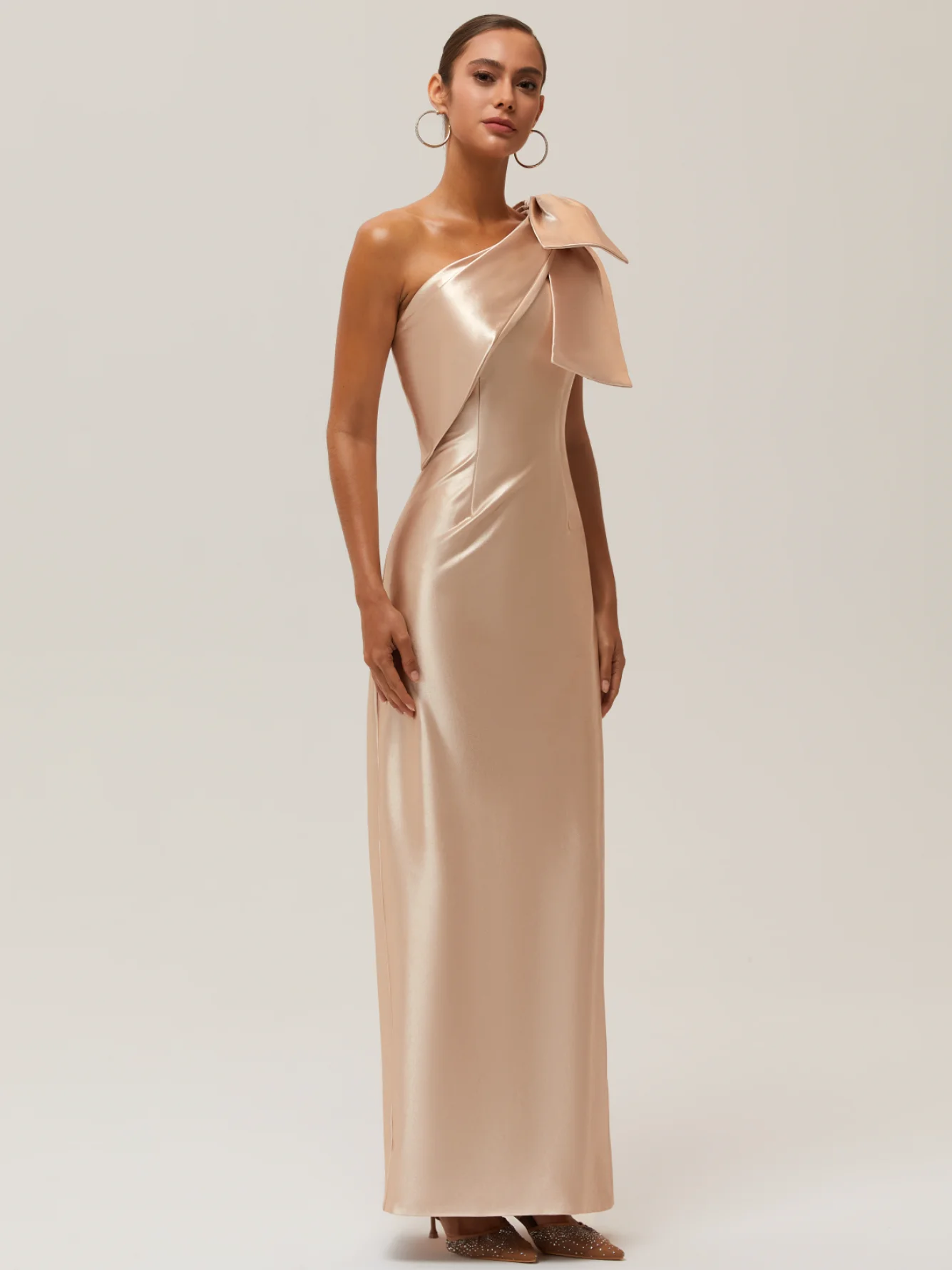 Champagne Bow Satin One Shoulder Sleeveless Sheath Maxi Dress