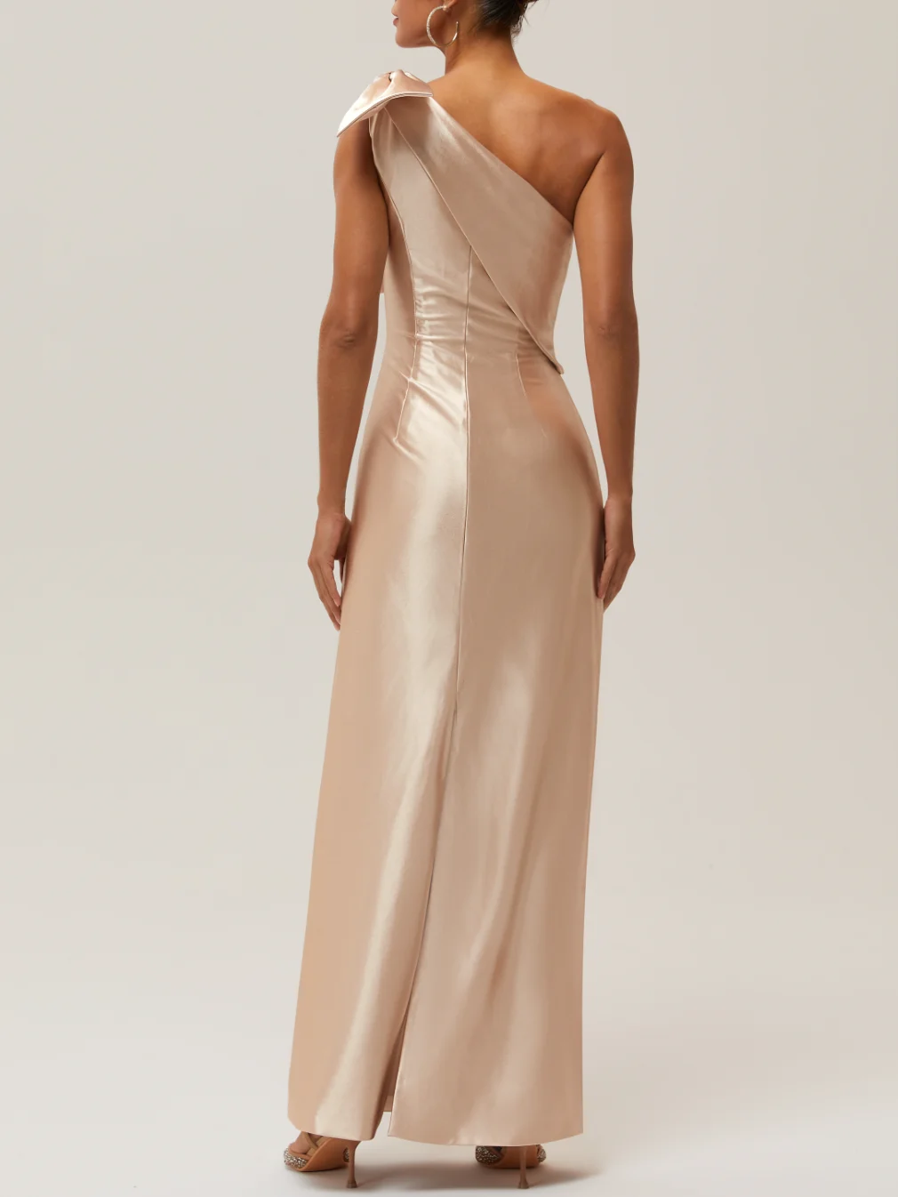 Champagne Bow Satin One Shoulder Sleeveless Sheath Maxi Dress