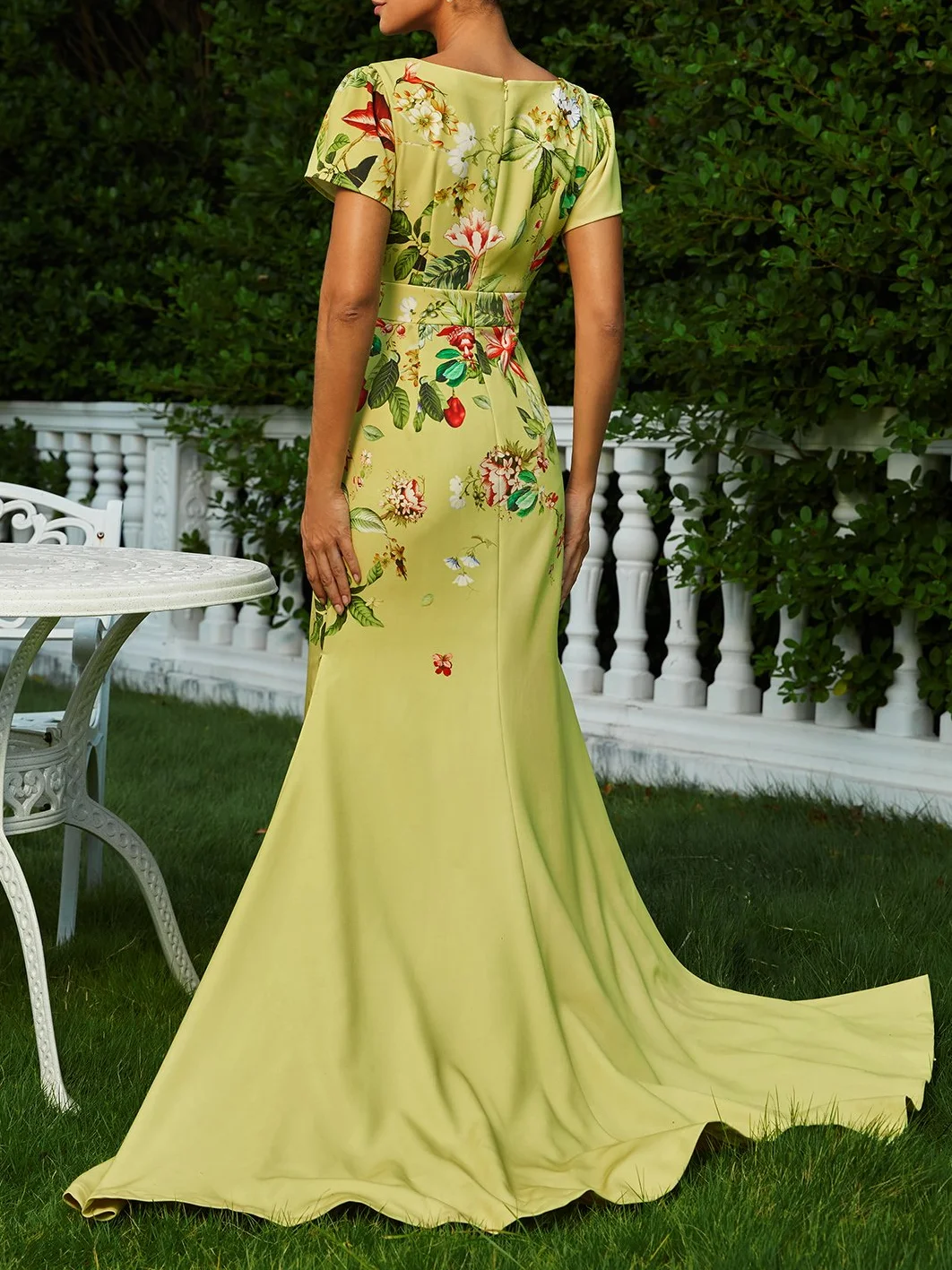 Yellow Floral Short Sleeve A-Line Gown