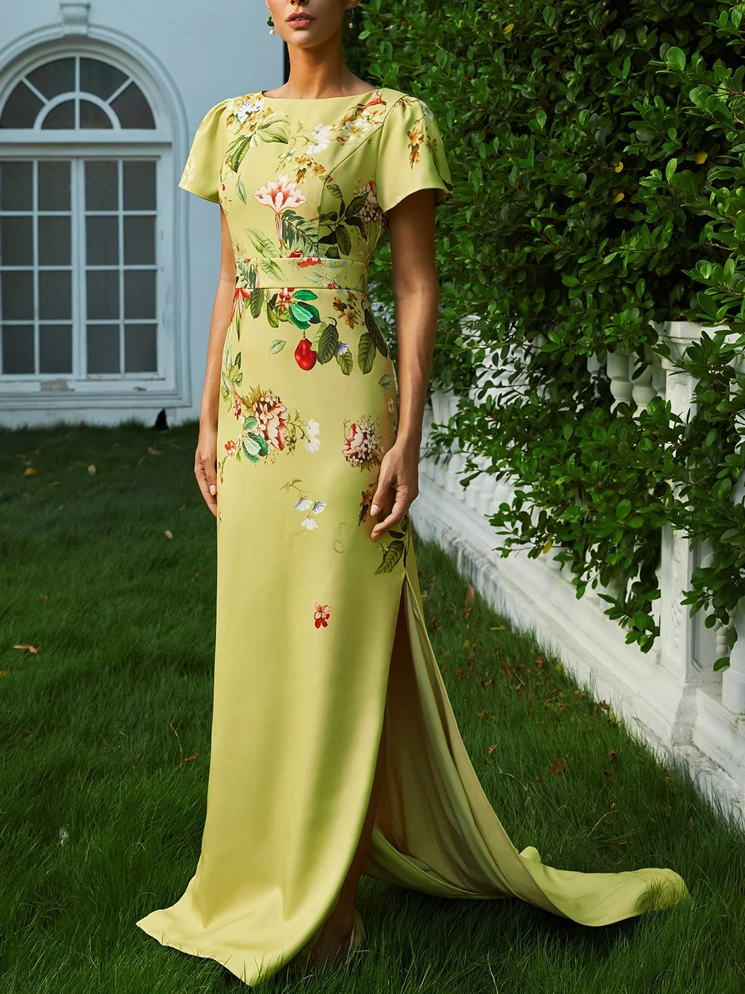 Yellow Floral Short Sleeve A-Line Gown