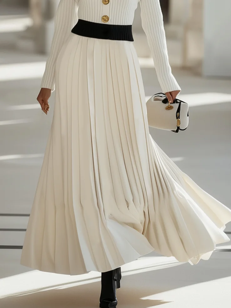 Off White Buckle Shawl Collar Long Sleeve A-Line Pleated Maxi Dress