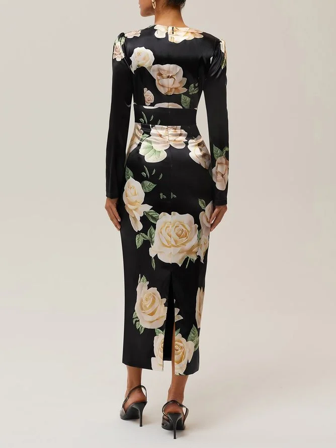 Black Floral V Neck Long Sleeve Sheath Midi Satin Dress